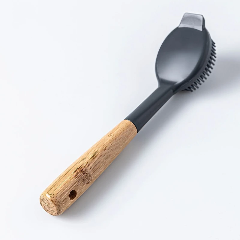 KSP Soft Bristle Silicone Bamboo Handle Dish Brush with Scraper Tip