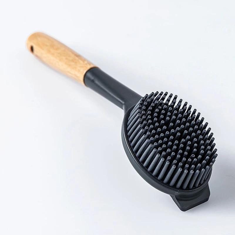 KSP Soft Bristle Silicone Bamboo Handle Dish Brush with Scraper Tip