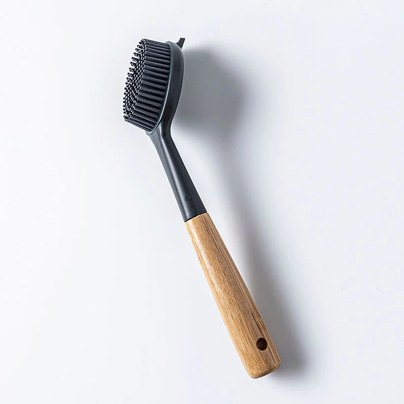 KSP Soft Bristle Silicone Bamboo Handle Dish Brush with Scraper Tip