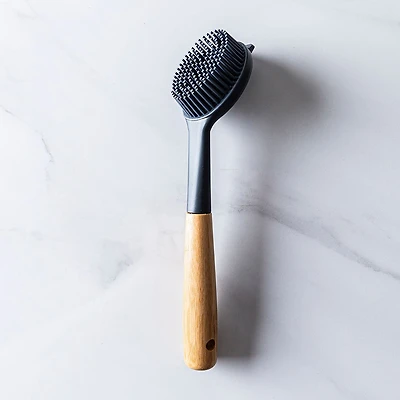 KSP Soft Bristle Silicone Bamboo Handle Dish Brush with Scraper Tip