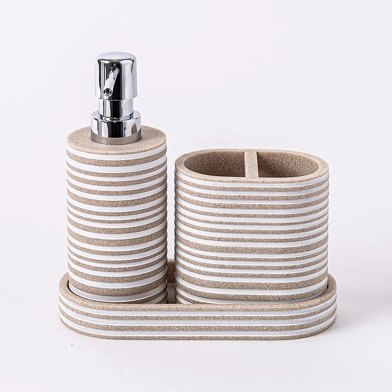KSP Berkeley Stripe Resin Bath Accessory - Set of 3 (Natural/White)