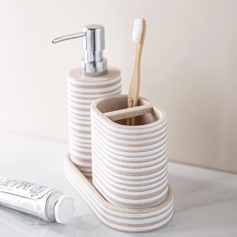 KSP Berkeley Stripe Resin Bath Accessory - Set of 3 (Natural/White)