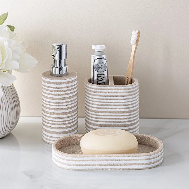 KSP Berkeley Stripe Resin Bath Accessory - Set of 3 (Natural/White)