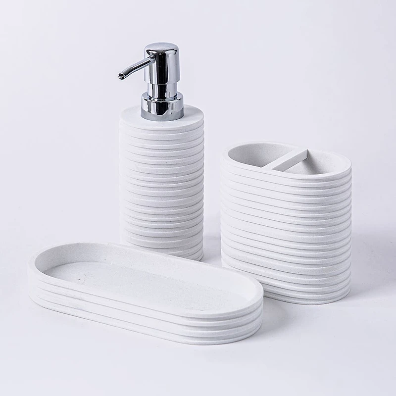 KSP Berkeley Stripe Resin Bath Accessory - Set of 3 (White)