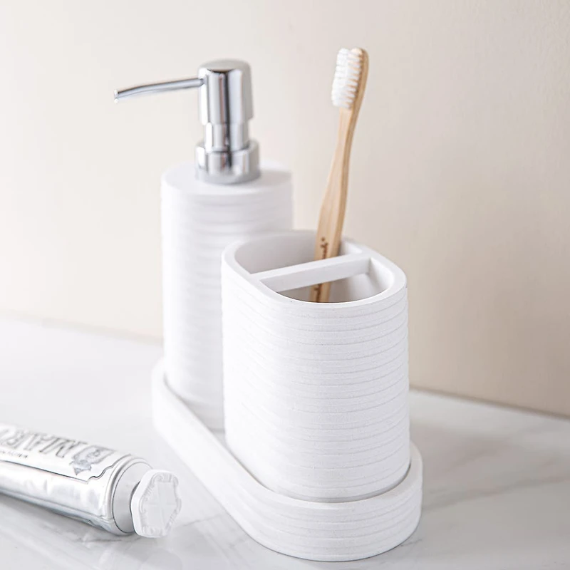 KSP Berkeley Stripe Resin Bath Accessory - Set of 3 (White)