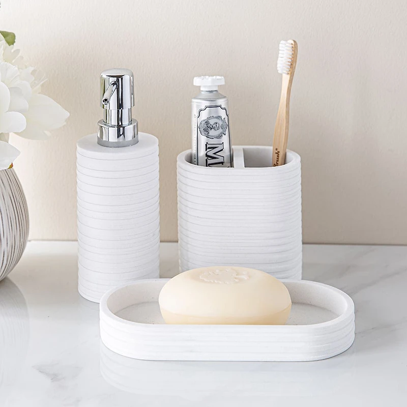 KSP Berkeley Stripe Resin Bath Accessory - Set of 3 (White)