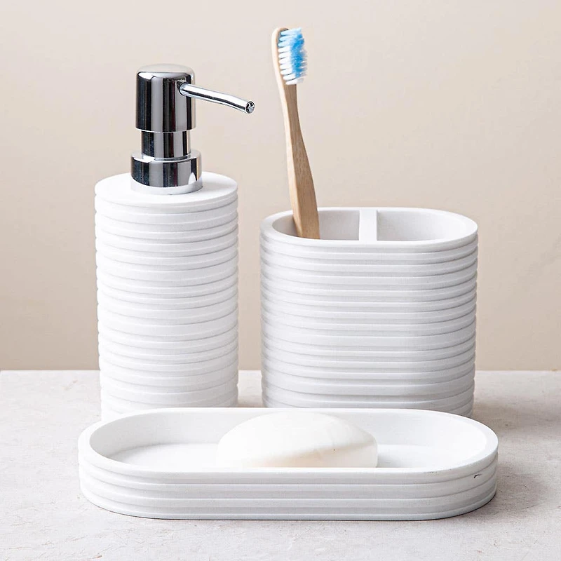 KSP Berkeley Stripe Resin Bath Accessory - Set of 3 (White)