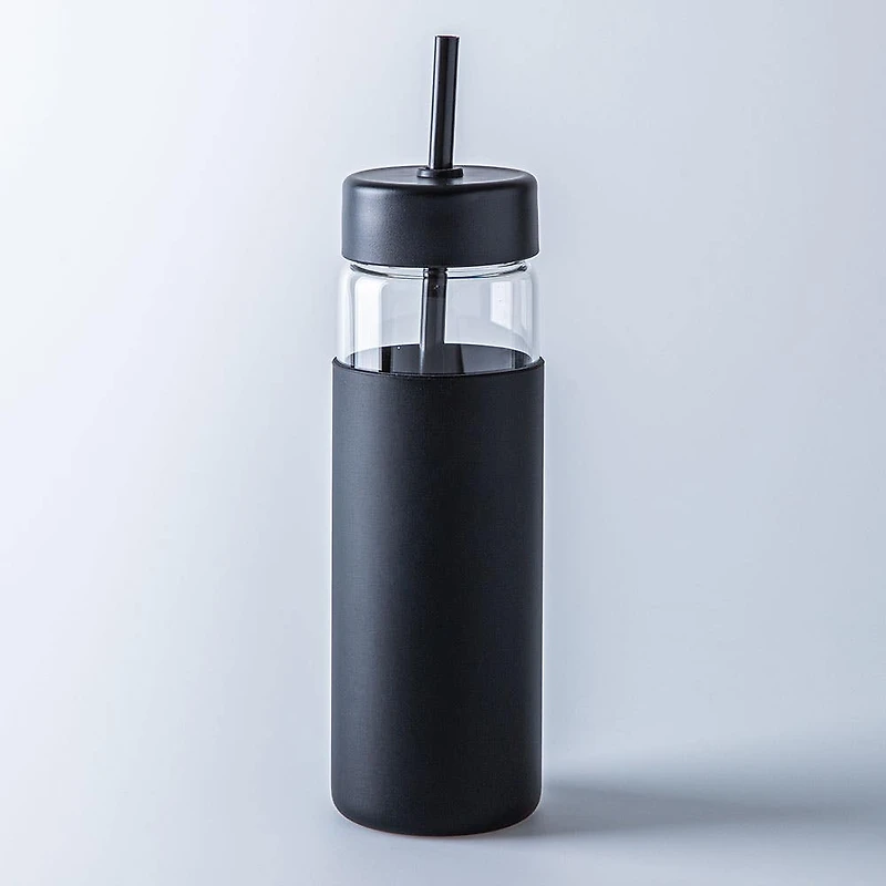 KSP Aura Slim Glass Water Bottle with Straw (Black)