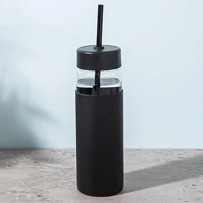 KSP Aura Slim Glass Water Bottle with Straw (Black)