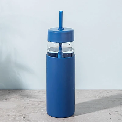 KSP Aura Slim Glass Water Bottle with Straw (Navy)