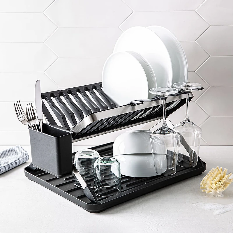 KSP Carbon X-Fold Flat Dish Rack with Tray 2-Tier (Black/Aluminum)