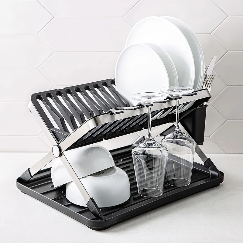 KSP Carbon X-Fold Flat Dish Rack with Tray 2-Tier (Black/Aluminum)