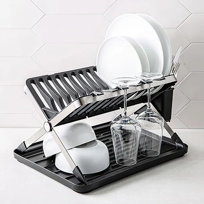 KSP Carbon X-Fold Flat Dish Rack with Tray 2-Tier (Black/Aluminum)