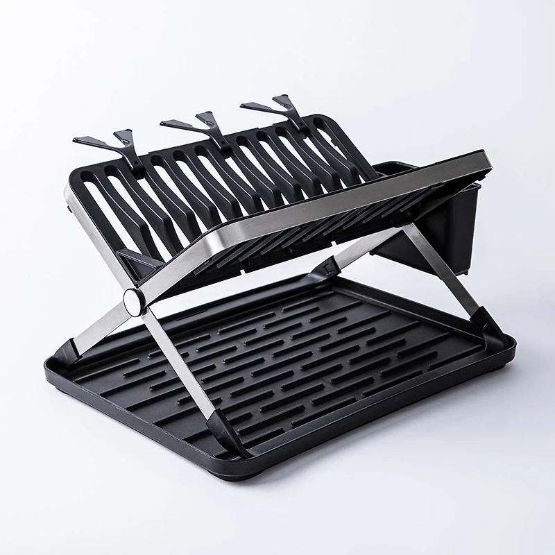 KSP Carbon X-Fold Flat Dish Rack with Tray 2-Tier (Black/Aluminum)