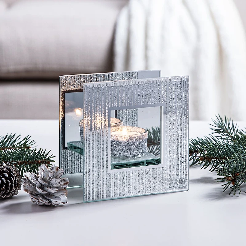 KSP Christmas Mirror 'Glitter' Glass Tealight Holder -Light (Silver