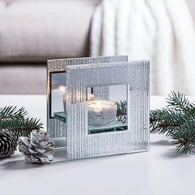 KSP Christmas Mirror 'Glitter' Glass Tealight Holder -Light (Silver