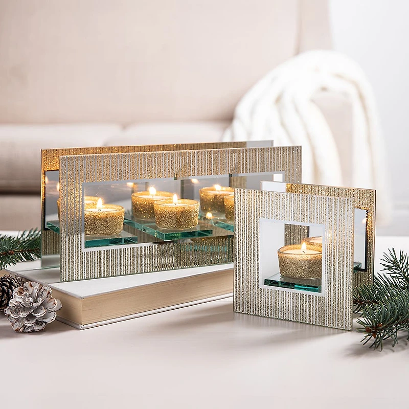 KSP Christmas Mirror 'Glitter' Glass Tealight Holder 3-Light (Gold)