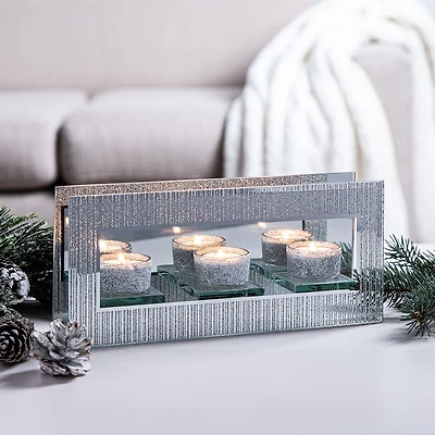 KSP Christmas Mirror 'Glitter' Glass Tealight Holder 3-Light (Silver)
