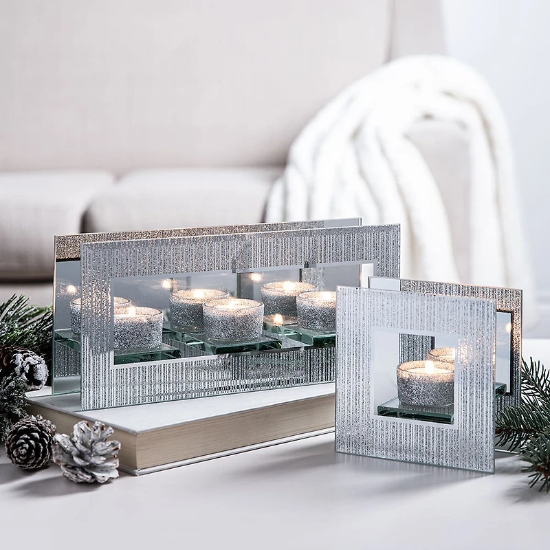 KSP Christmas Mirror 'Glitter' Glass Tealight Holder 3-Light (Silver)