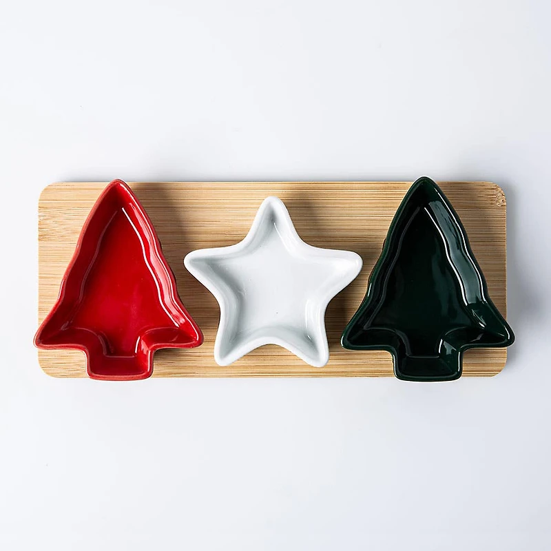 Koopman Christmas Porcelain Bowls with Bamboo Tray - S/4 (Red/Grn/Wht)