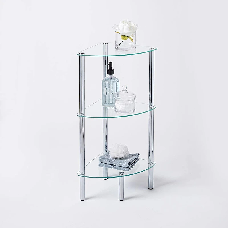 KSP Cascade Tempered '3-Tier' Glass Shelf Corner Unit (Clear/Chrome)