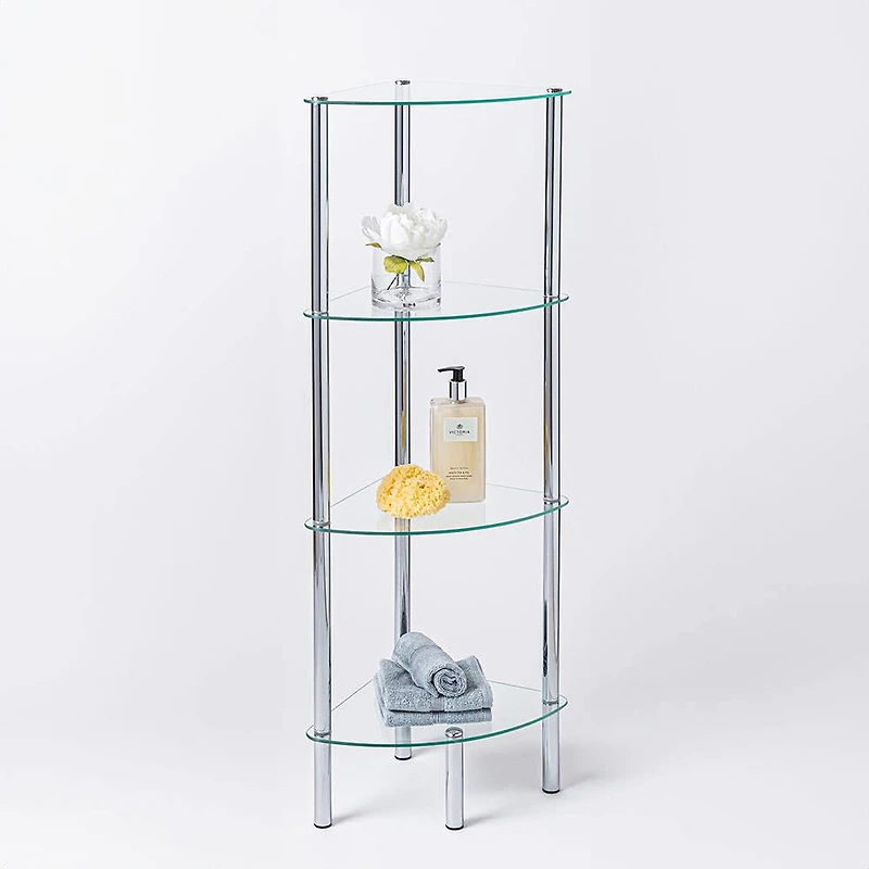 KSP Cascade Tempered '4-Tier' Glass Shelf Corner Unit (Clear/Chrome)