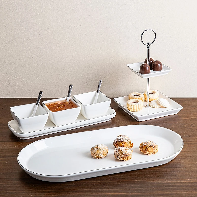 KSP Gleam Porcelain Bowls with Tray - Set/7 (White/Silver)