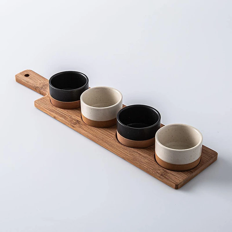 KSP Tapas Serving Board with Bowls - Set of 5 (Black/White/Wood)