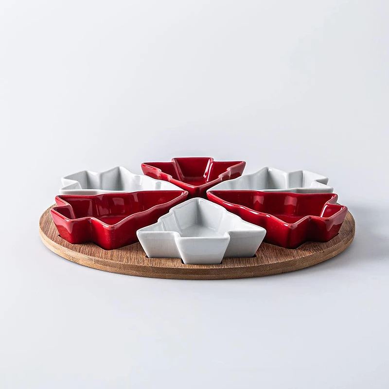 KSP Christmas Serving Tray with Tree Bowls - Set of 7 (Red/White/Wood)
