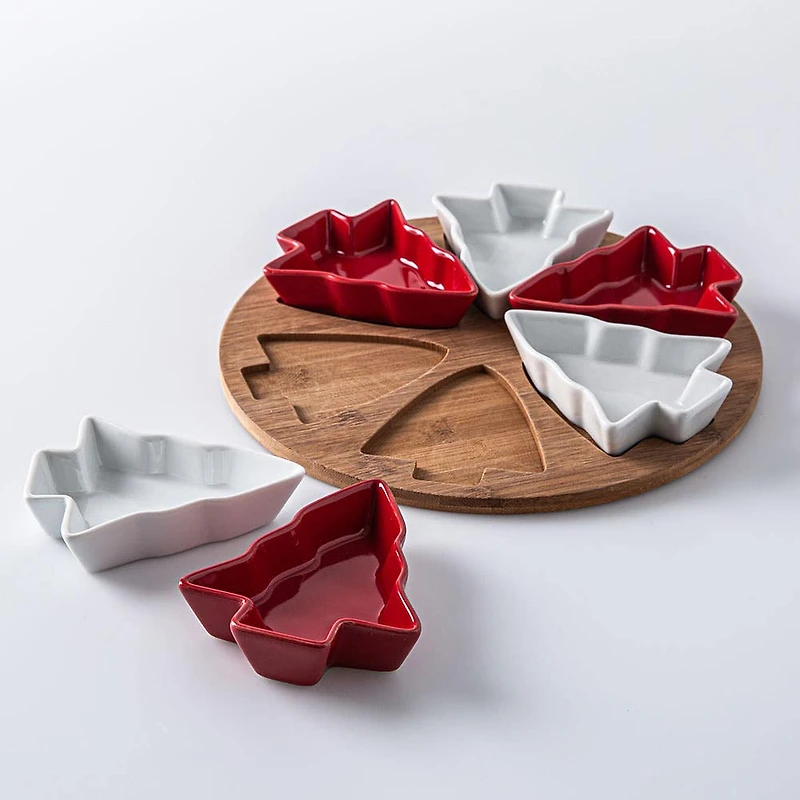 KSP Christmas Serving Tray with Tree Bowls - Set of 7 (Red/White/Wood)