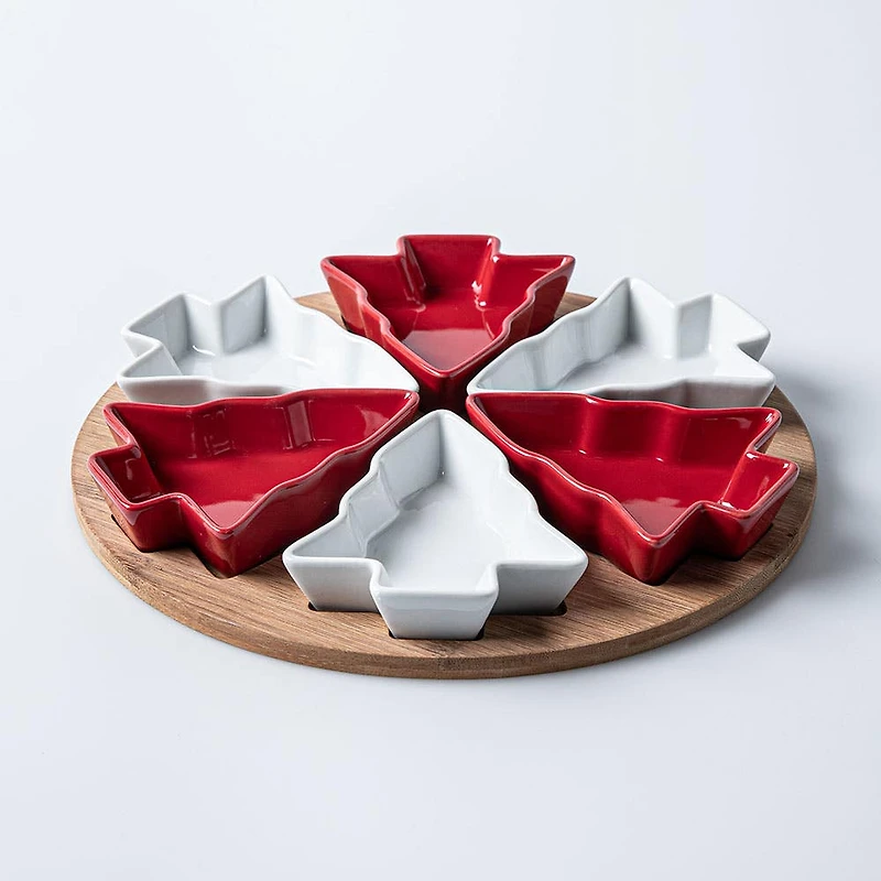 KSP Christmas Serving Tray with Tree Bowls - Set of 7 (Red/White/Wood)