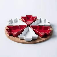 KSP Christmas Serving Tray with Tree Bowls - Set of 7 (Red/White/Wood)