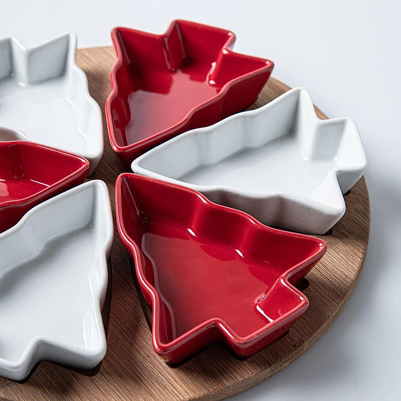 KSP Christmas Serving Tray with Tree Bowls - Set of 7 (Red/White/Wood)