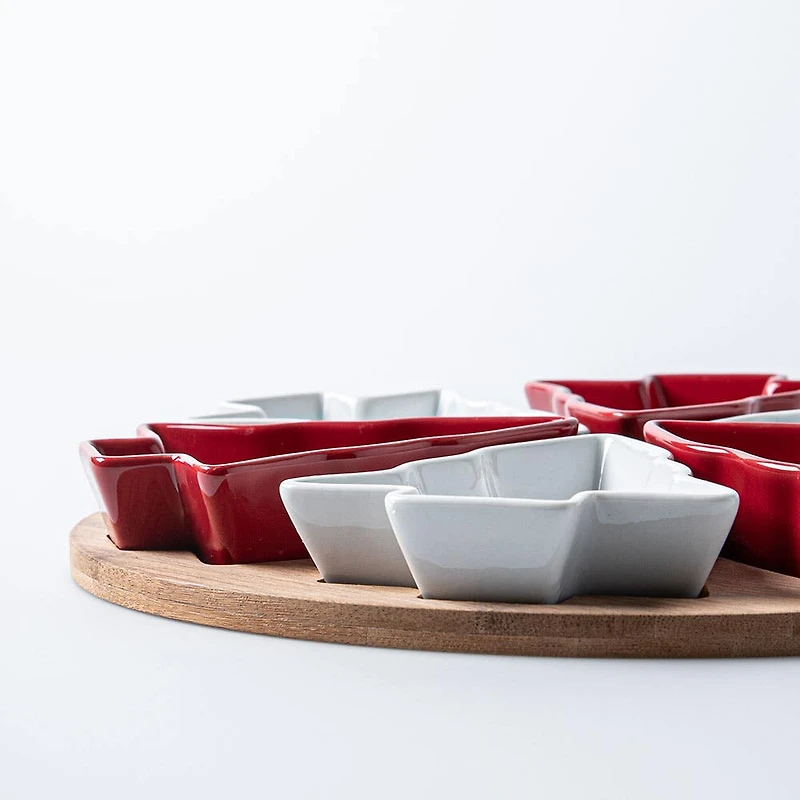 KSP Christmas Serving Tray with Tree Bowls - Set of 7 (Red/White/Wood)
