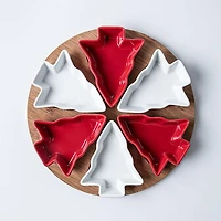 KSP Christmas Serving Tray with Tree Bowls - Set of 7 (Red/White/Wood)