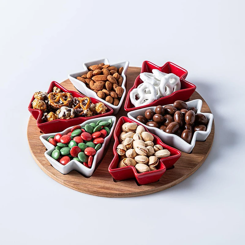 KSP Christmas Serving Tray with Tree Bowls - Set of 7 (Red/White/Wood)