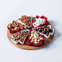 KSP Christmas Serving Tray with Tree Bowls - Set of 7 (Red/White/Wood)