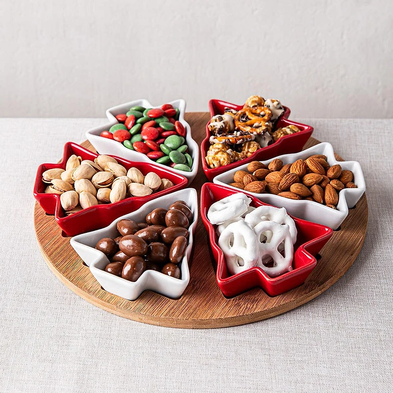 KSP Christmas Serving Tray with Tree Bowls - Set of 7 (Red/White/Wood)