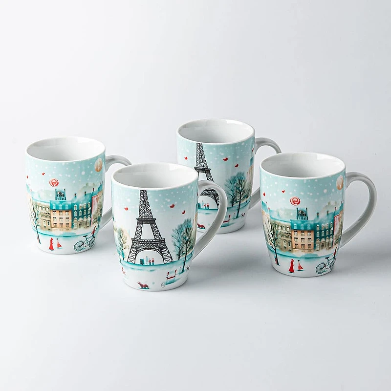 KSP Christmas Decal 'Paris' Porcelain Mug - Set of 4