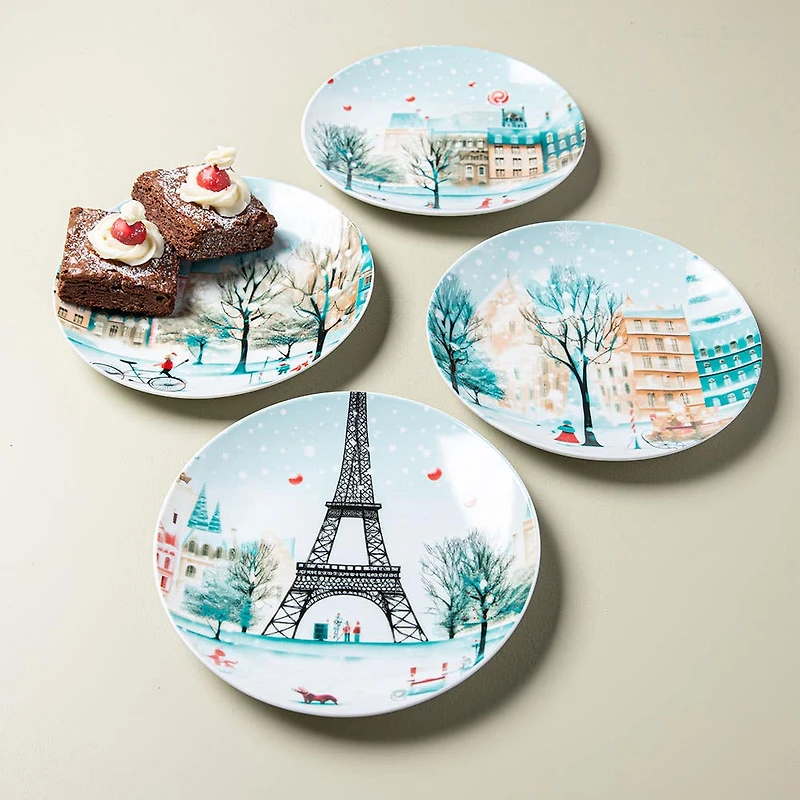 KSP Christmas Decal 'Paris' Porcelain Side Plate - Set of 4