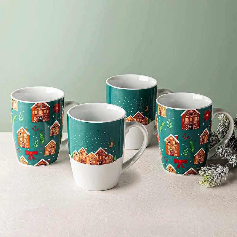 KSP Christmas Decal 'Delight' Porcelain Mug - Set of 4