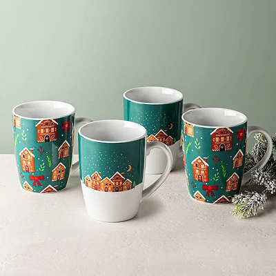 KSP Christmas Decal 'Delight' Porcelain Mug - Set of 4