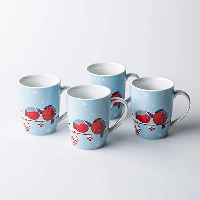 KSP Christmas Decal 'Snowberry Songbirds' Porcelain Mug - Set of 4
