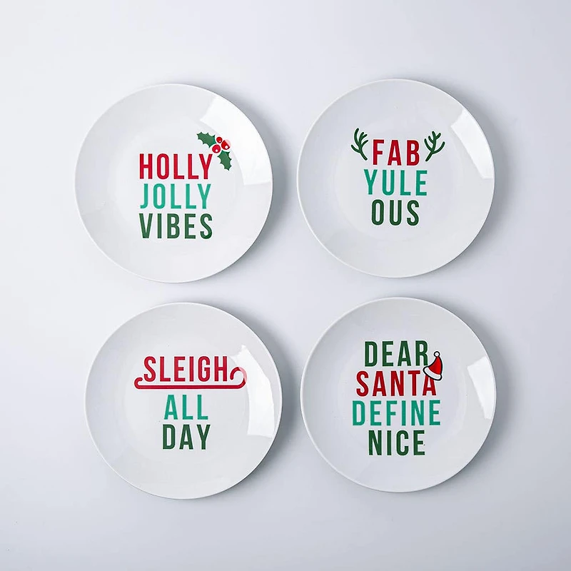 KSP Christmas Decal 'Holiday Humour' Porcelain Side Plate - Set of 4