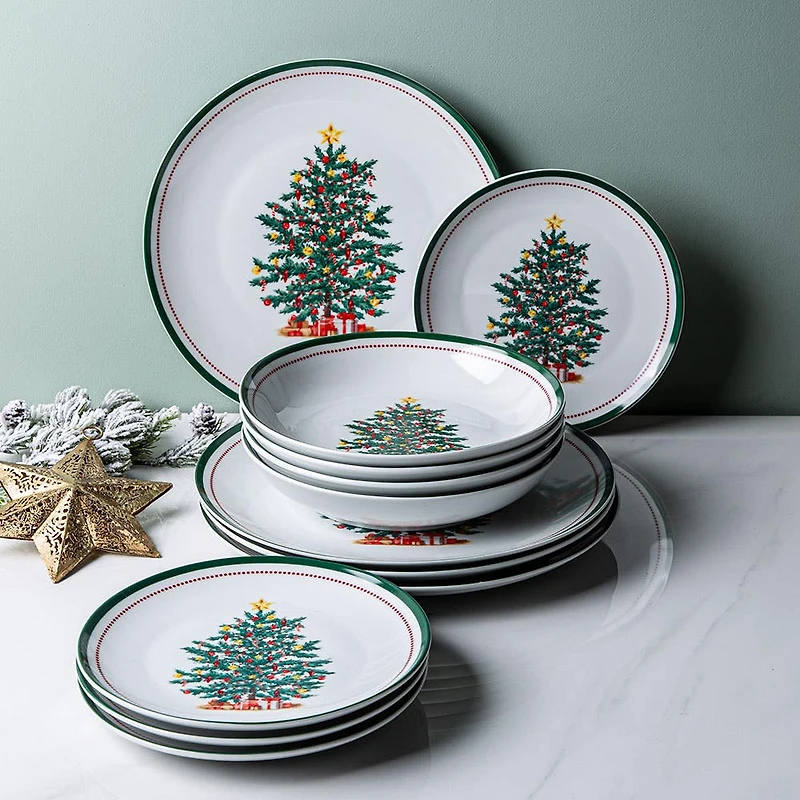 KSP Christmas Noel 'Evergreen' Porcelain Dinnerware Set - Set of 12