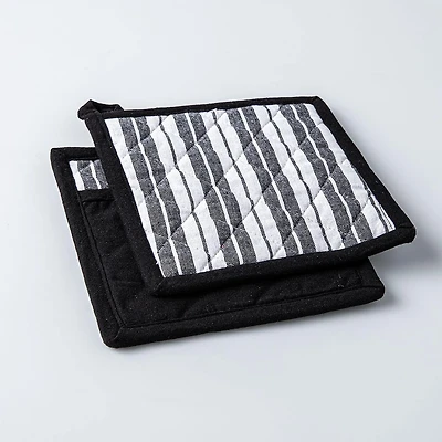 KSP Classic Stripe 100% Cotton Pot Holder - Set of 2 (Black)