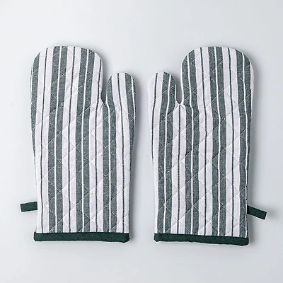 KSP Classic Stripe 100% Cotton Oven Mitt - Set of 2 (Dark Green)