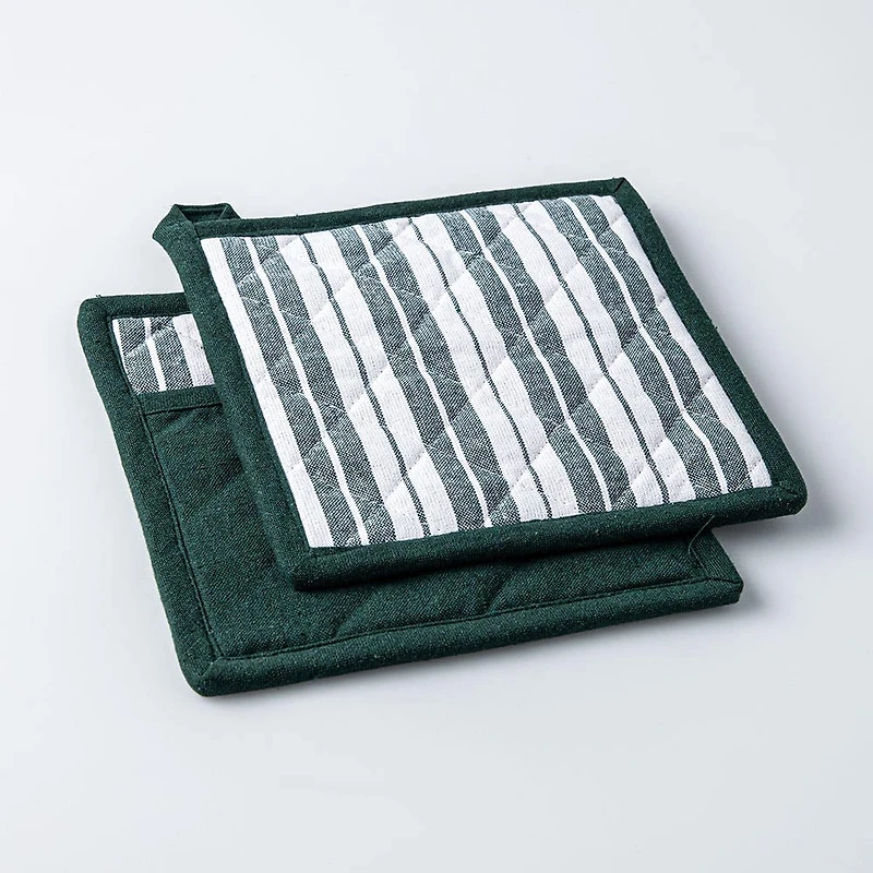 KSP Classic Stripe 100% Cotton Pot Holder - Set of 2 (Dark Green)