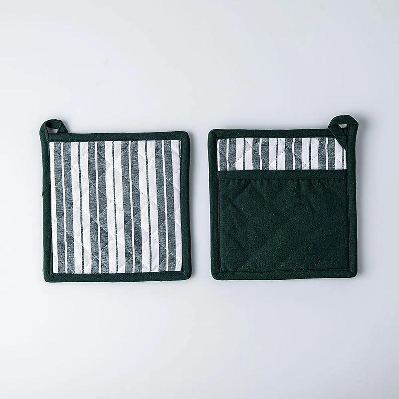 KSP Classic Stripe 100% Cotton Pot Holder - Set of 2 (Dark Green)
