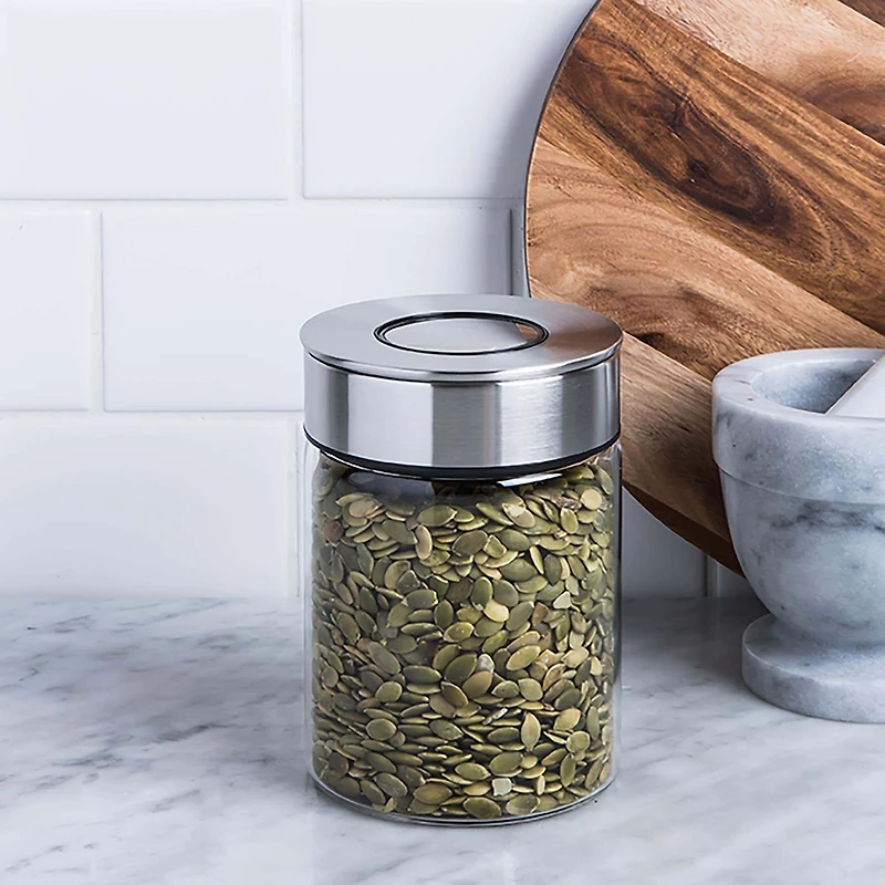 KSP Push Lock 700ml 'Round' Glass and Steel Canister